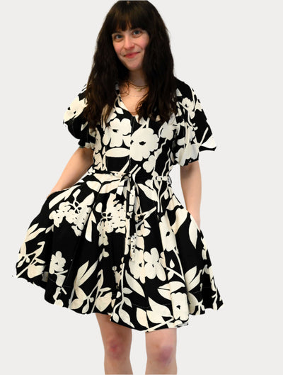 Puff Sleeve Floral Seamed Dress