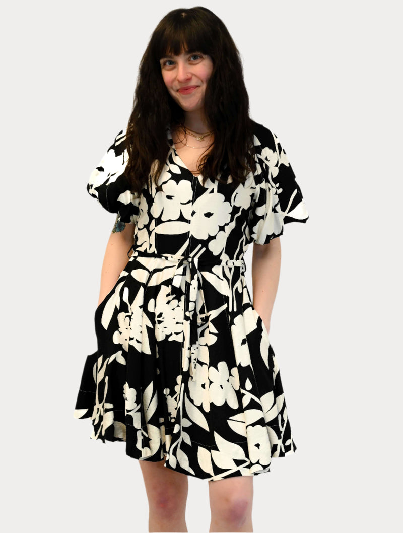 Puff Sleeve Floral Seamed Dress