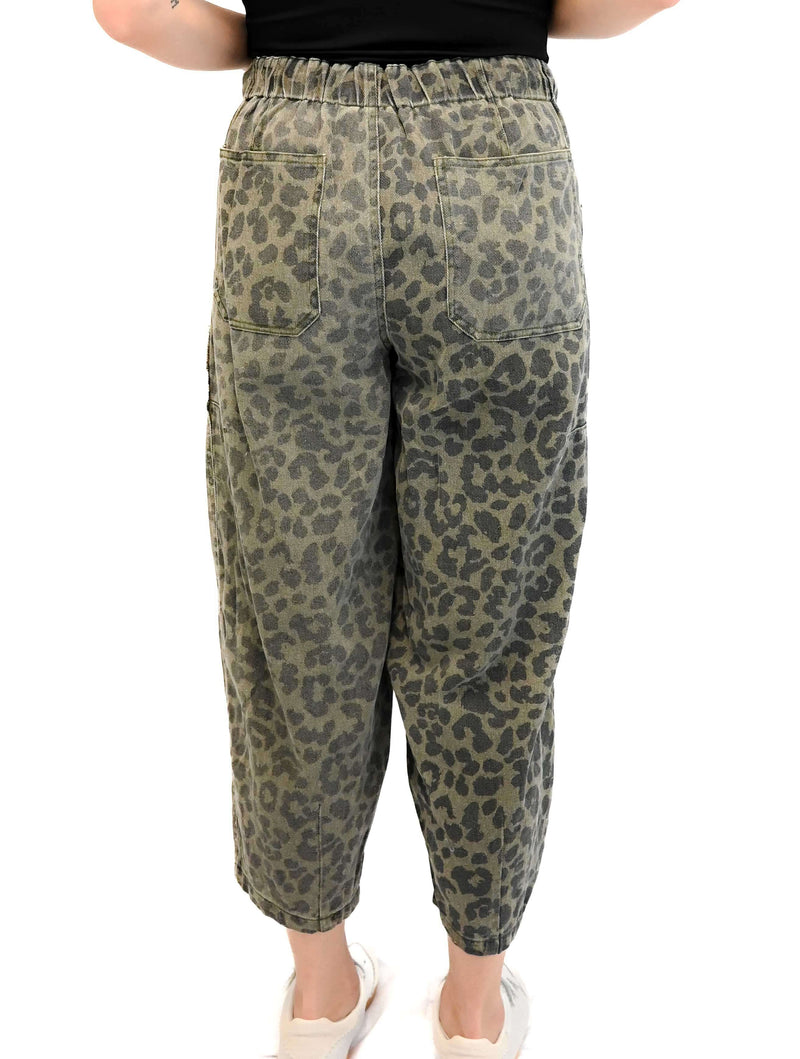 Leopard Print Mid Rise Utility Jeans with Drawstring