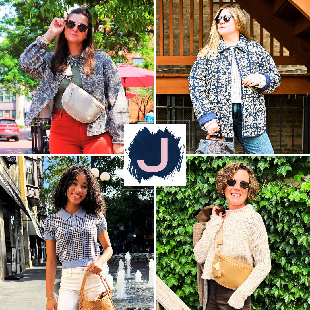 Collage of a woman in various outfits with a brand logo in the center.