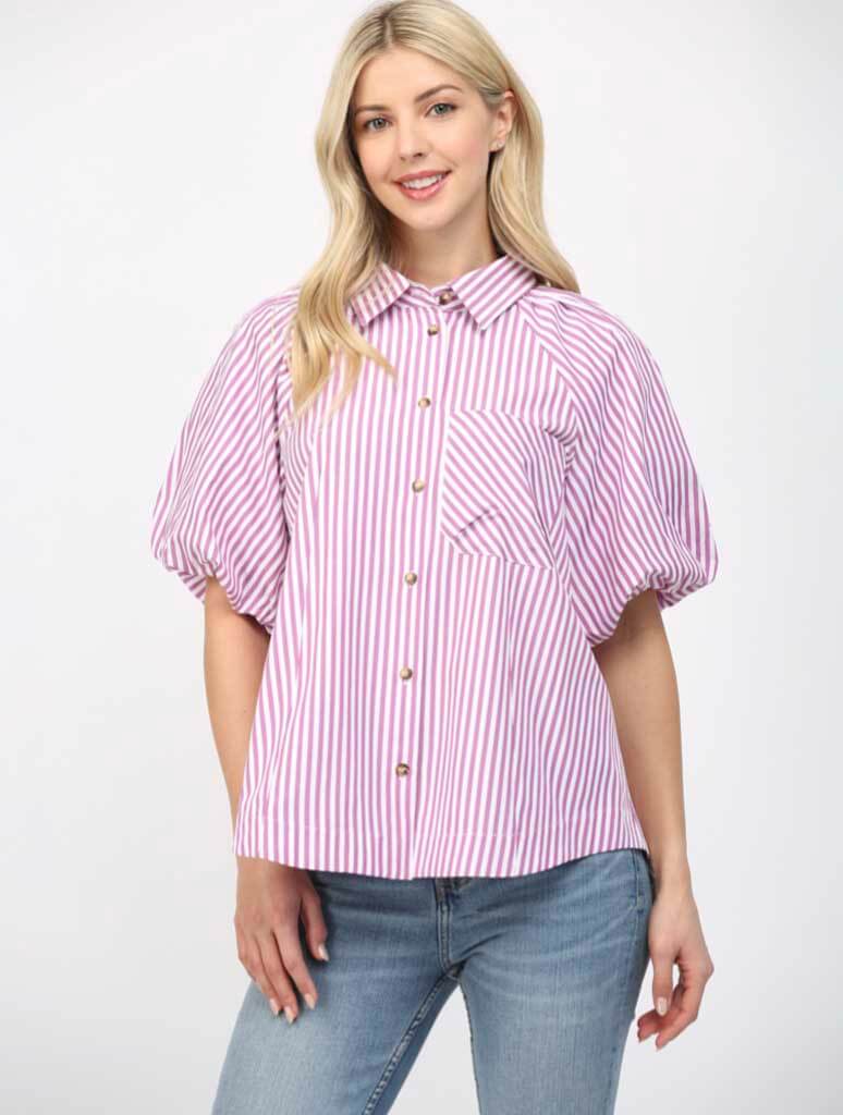 Stripe Short Puff Sleeve Button Down Shirt