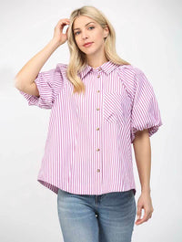 Stripe Short Puff Sleeve Button Down Shirt