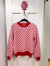 Heart Pattern Knit Long Sleeve Sweater in Red Multi