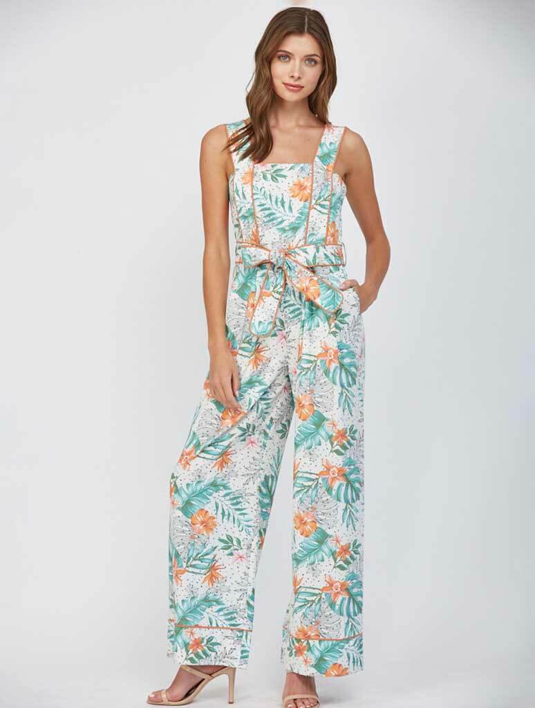 Tropical Print Wide Leg Jumpsuit