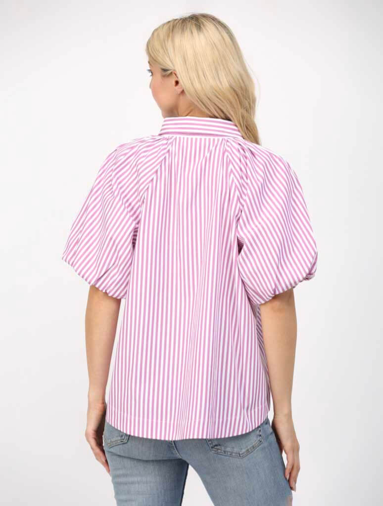 Stripe Short Puff Sleeve Button Down Shirt