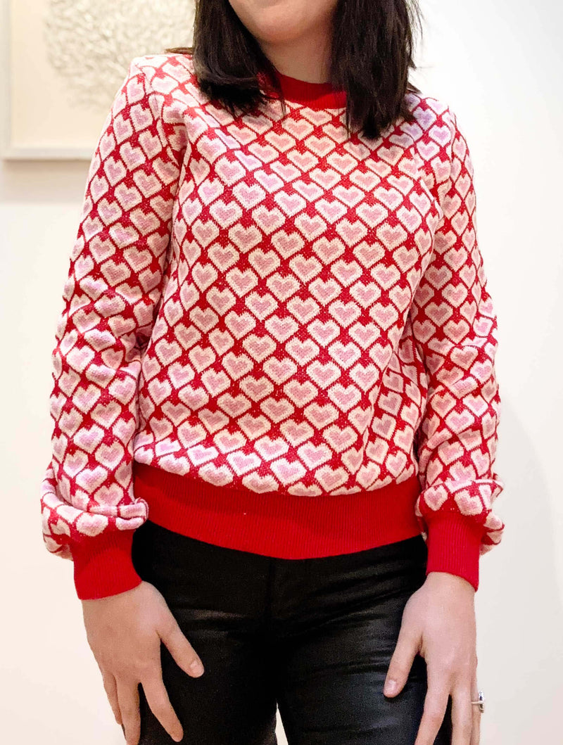 Heart Pattern Knit Long Sleeve Sweater in Red Multi