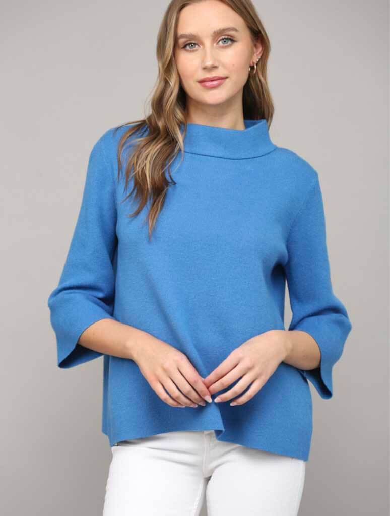 Mock Neck Bell Sleeve Sweater in French Blue