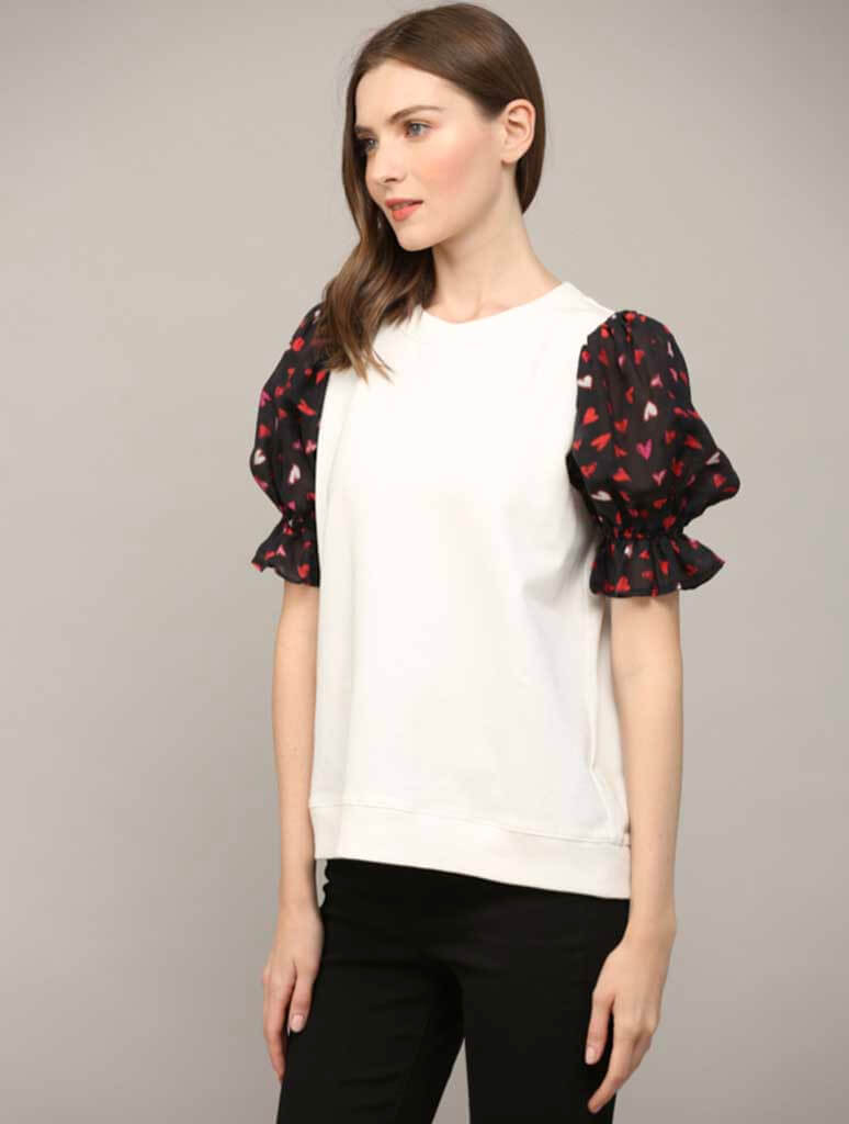 Contrast Heart Print Short Sleeve Sweatshirt (Final Sale)