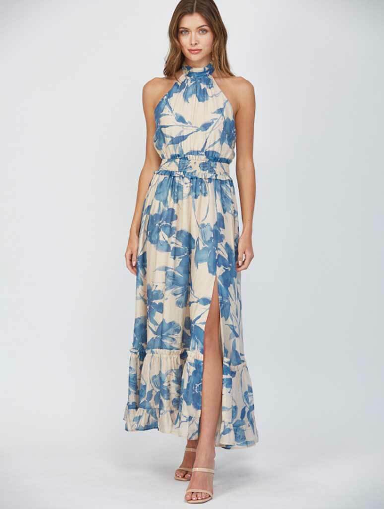 Bold Floral Print Halter Tie Back Maxi Dress