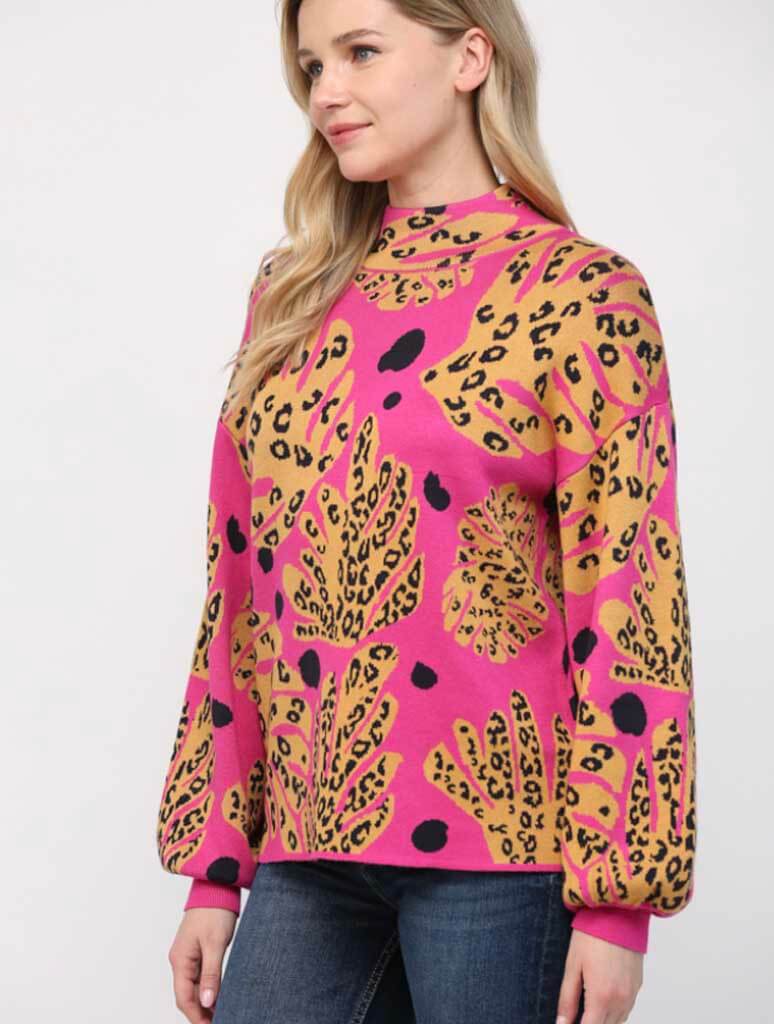 Mock Neck Balloon Sleeve Sweater in Fuchsia/Mustard