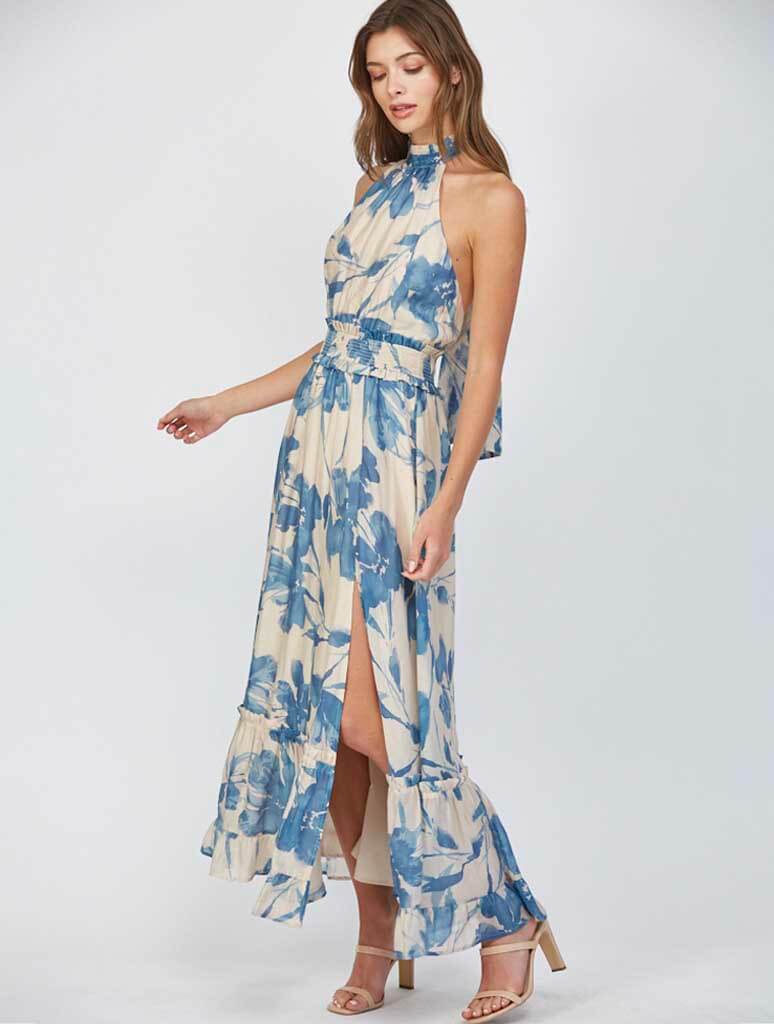 Bold Floral Print Halter Tie Back Maxi Dress