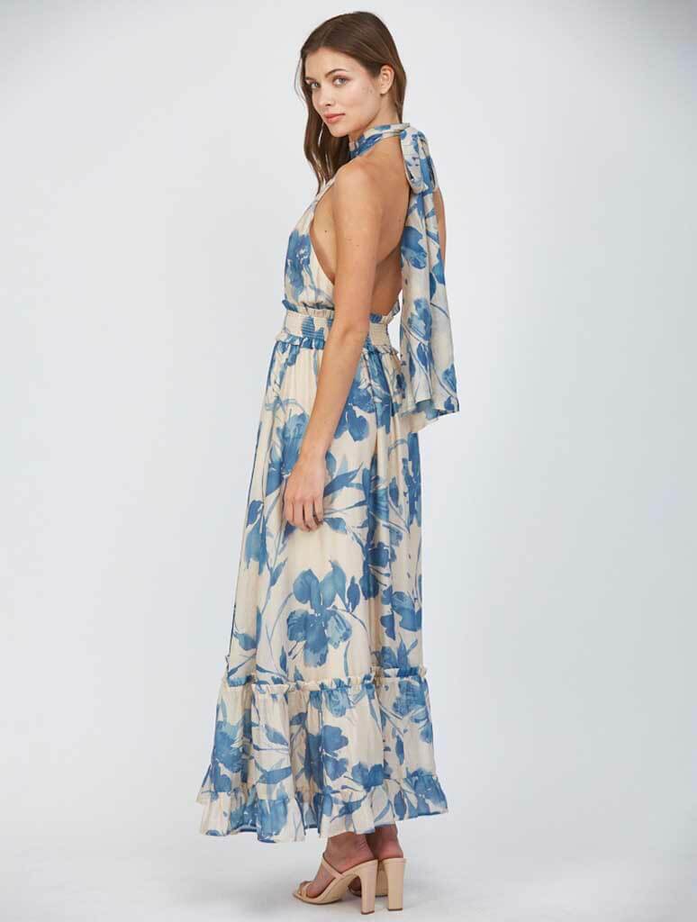Bold Floral Print Halter Tie Back Maxi Dress