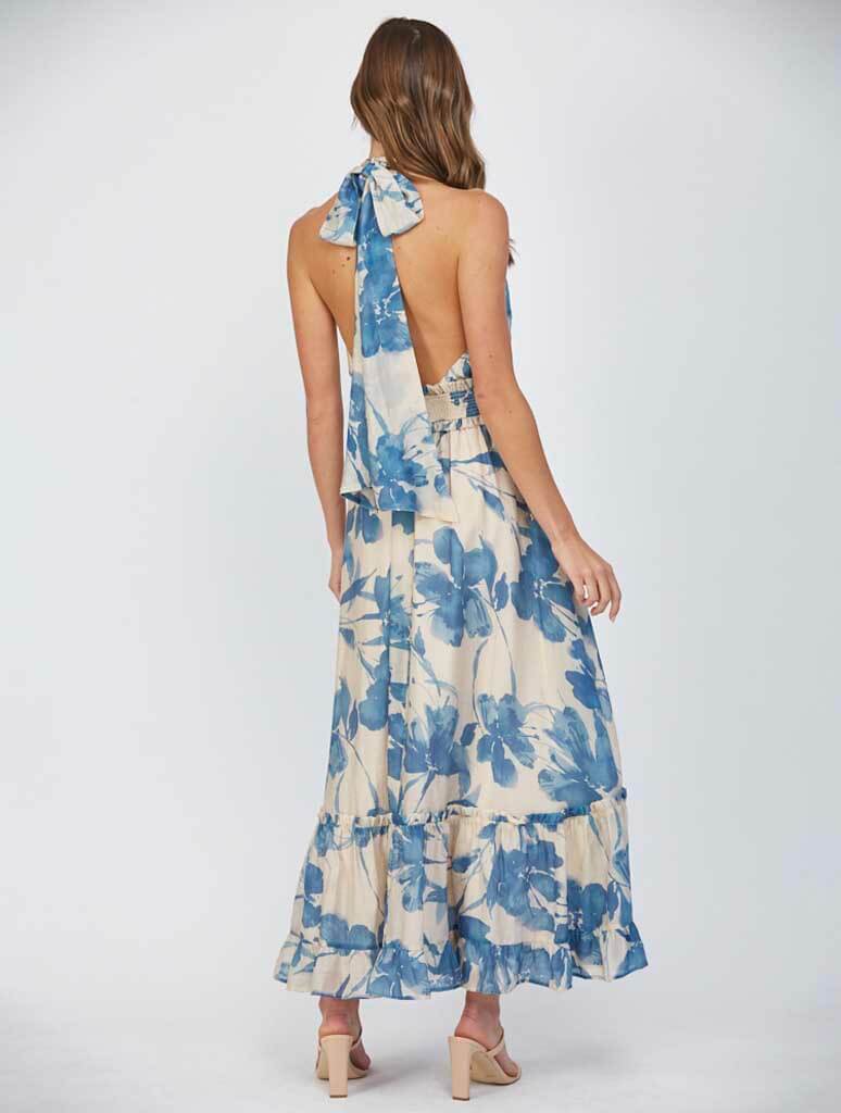 Bold Floral Print Halter Tie Back Maxi Dress