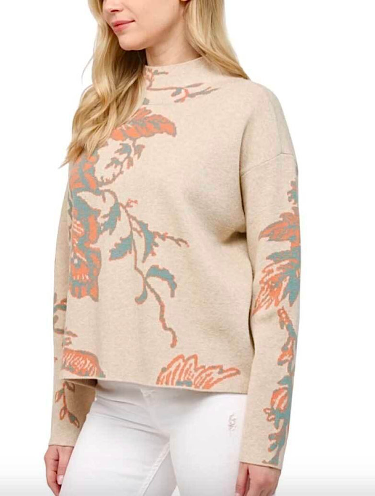Floral Accent Mock Neck Sweater in Oatmeal/Orange/Teal