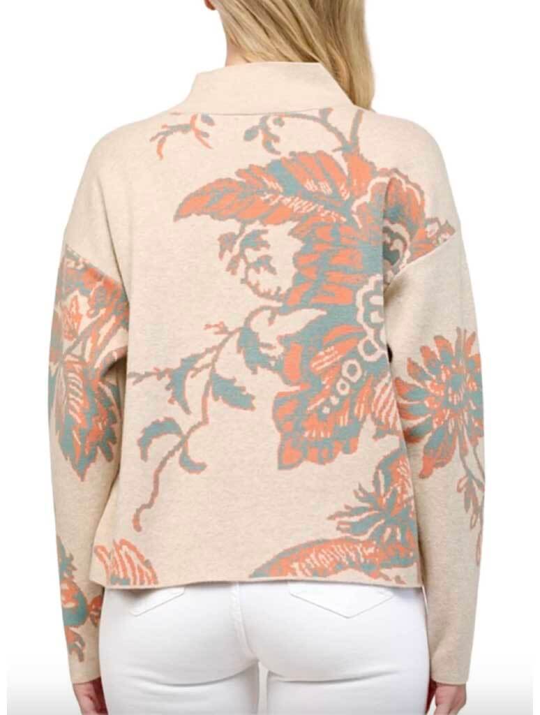 Floral Accent Mock Neck Sweater in Oatmeal/Orange/Teal
