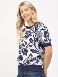 Floral Motif Jacquard Knit Short Sleeve Sweater