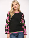 Contrast Floral Print Sleeve Crewneck Sweater