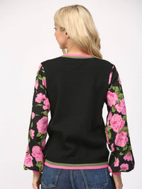 Contrast Floral Print Sleeve Crewneck Sweater