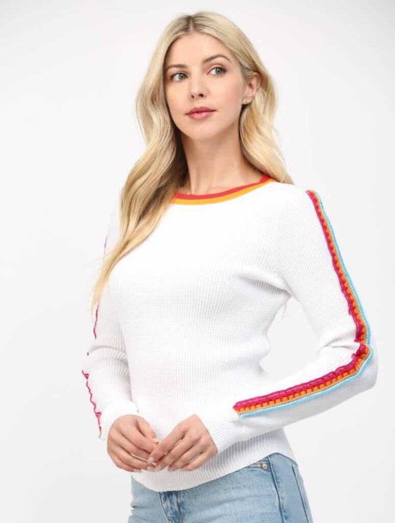 Crochet Trimmed Waffle Knit Sweater