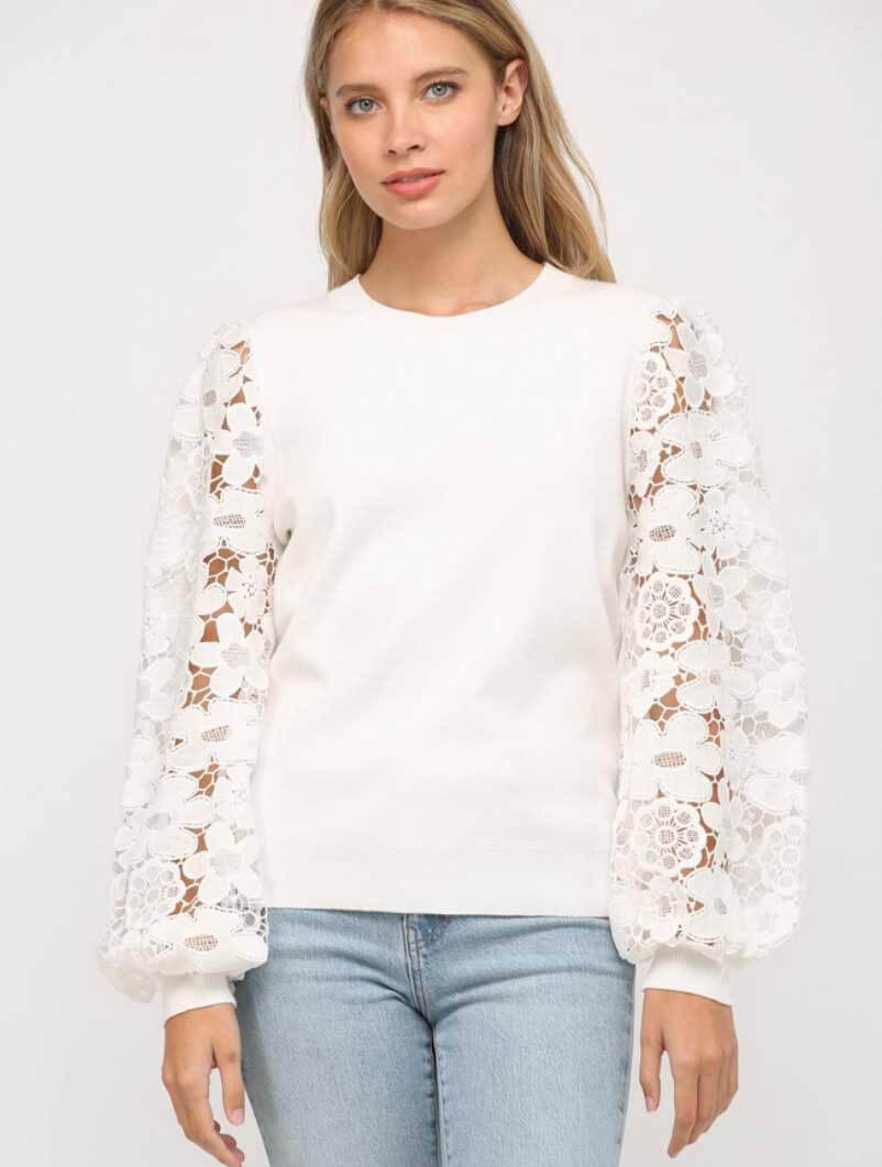 Lace Sleeve Crew Sweater in Cream