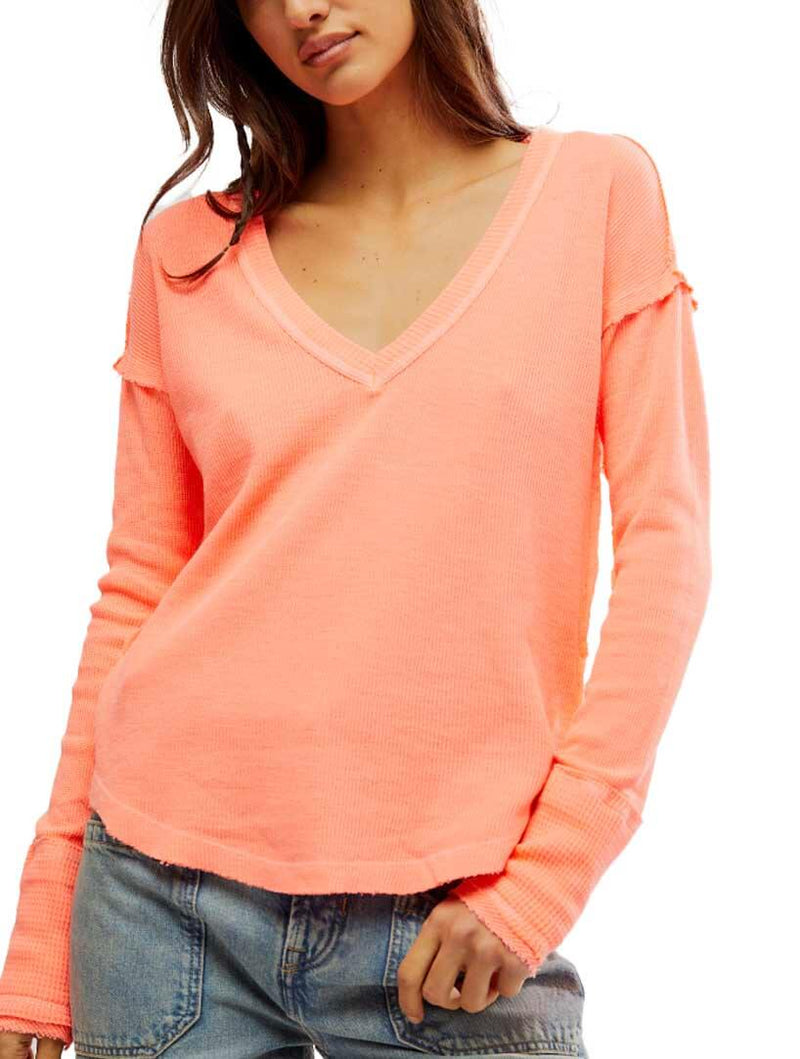 Free People Sail Away Long Sleeve Solid Top in Florescent Coral
