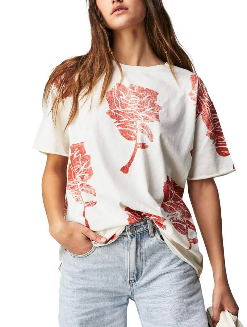 Free People Painted Floral Tee in Ivory Combo