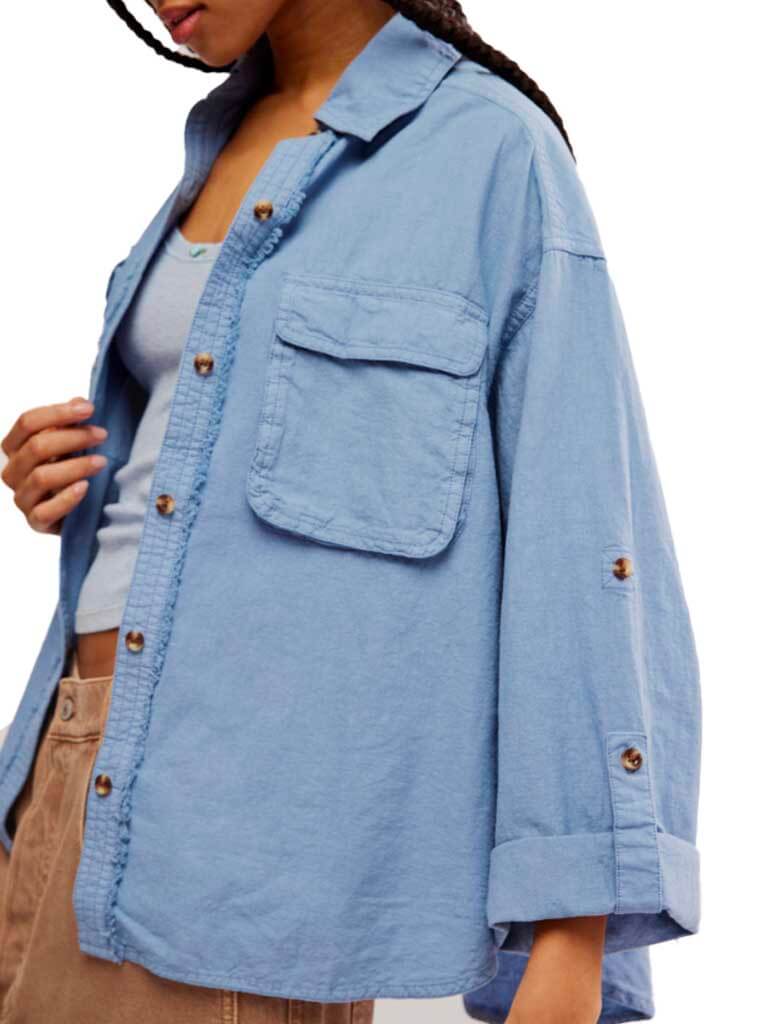 Free People Made For Sun Linen Shirt in Faded Denim