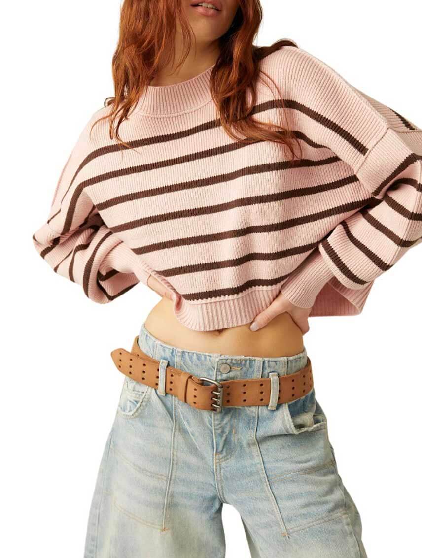 Free People Striped Easy Street Crop Sweater in Pink Lotus Combo