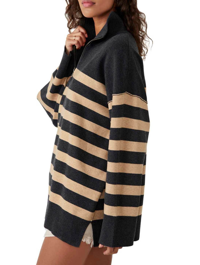 Free People Coastal Stripe Pullover in Carbon Camel Combo
