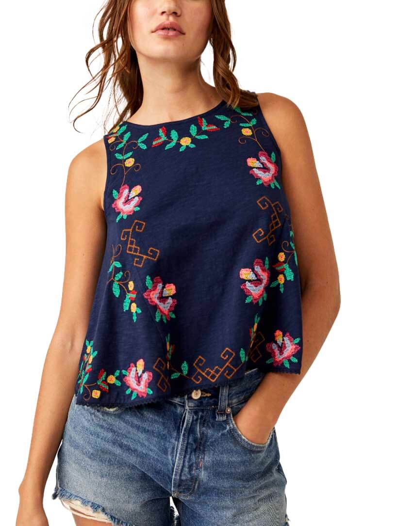 Free People Fun and Flirty Embroidered Top in Cobalt Combo