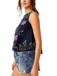 Free People Fun and Flirty Embroidered Top in Cobalt Combo