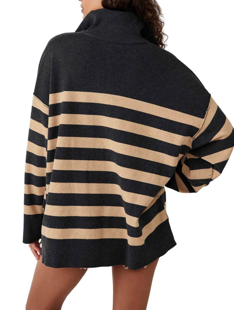 Free People Coastal Stripe Pullover in Carbon Camel Combo