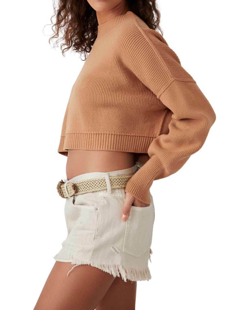 Free People Easy Street Cropped Sweater in Camel