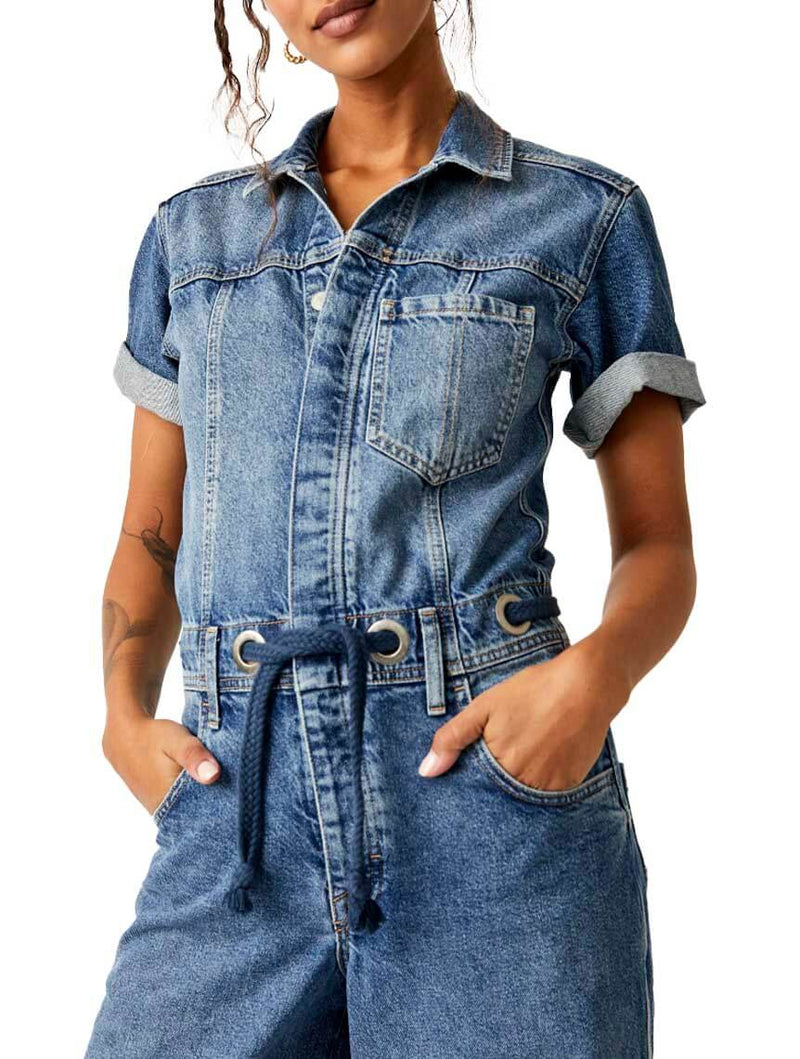 Free People Edison Wide Leg Coverall in Cape Blue