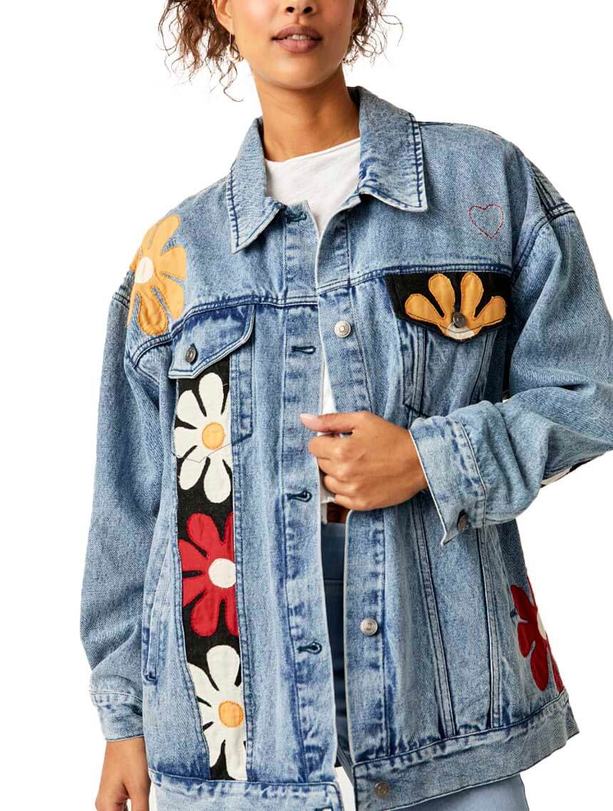 Free people floral hot sale denim jacket