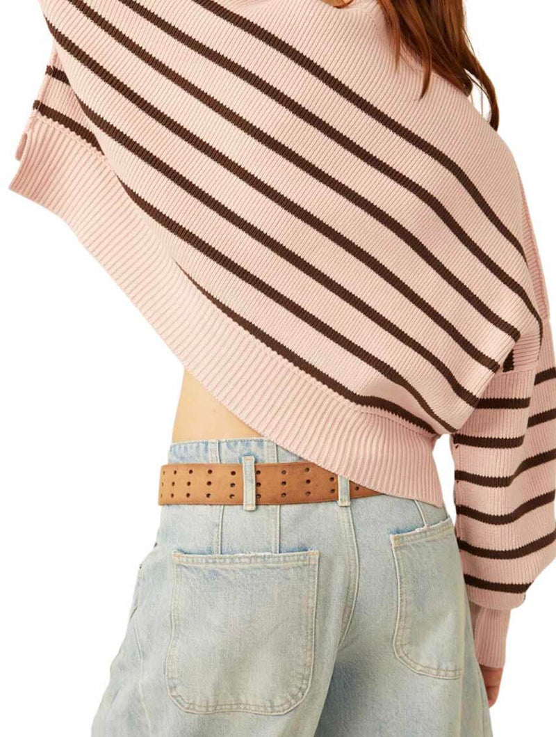 Free People Striped Easy Street Crop Sweater in Pink Lotus Combo