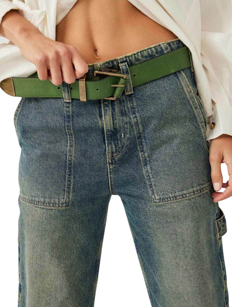Free People WTF Getty Leather Belt in Harbour Green