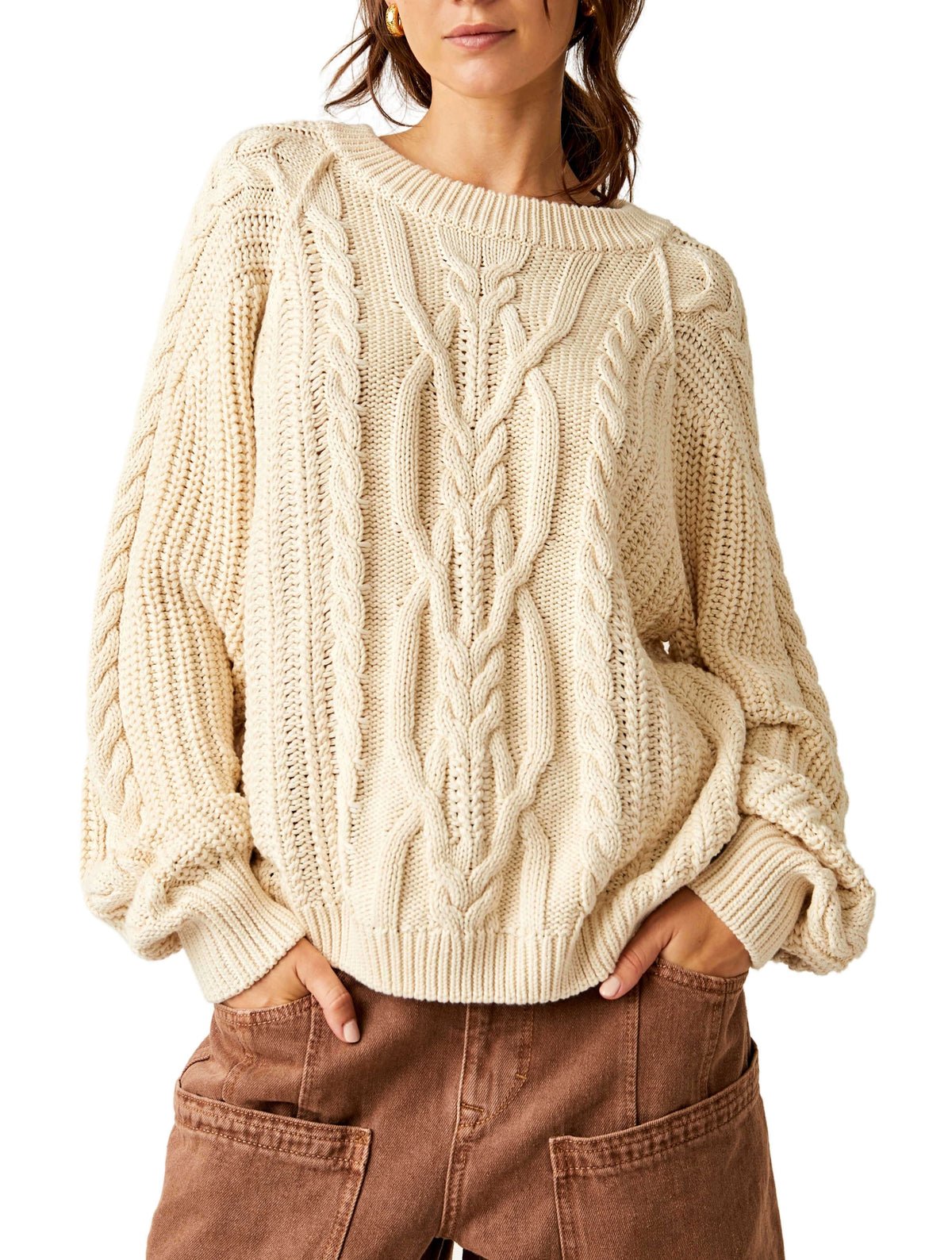 Free People Frankie Cable Knit Sweater in Ivory