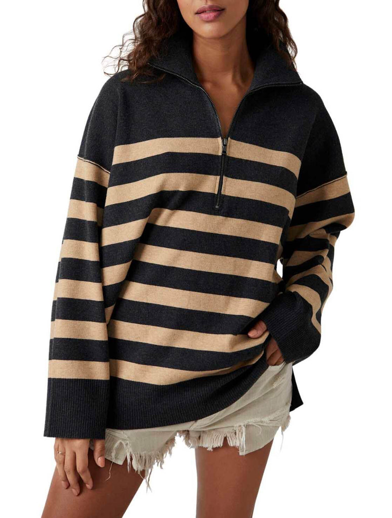 Free People Coastal Stripe Pullover in Carbon Camel Combo