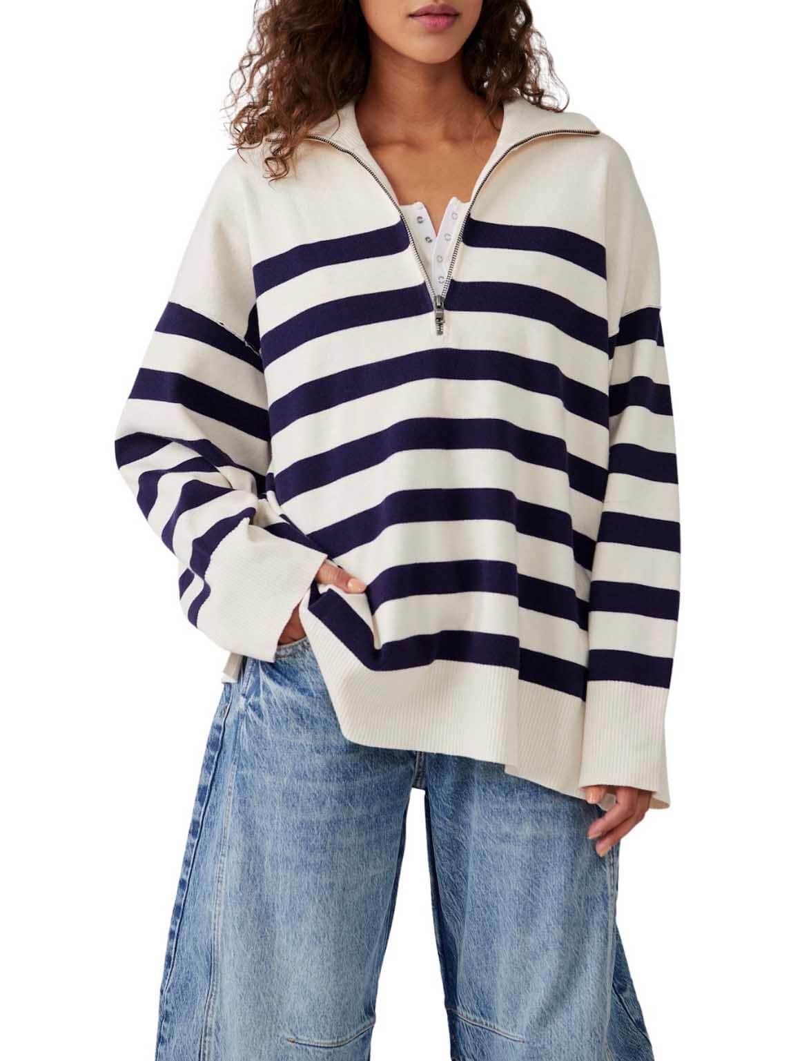 Free People Coastal Stripe Pullover in Champagne Navy Combo