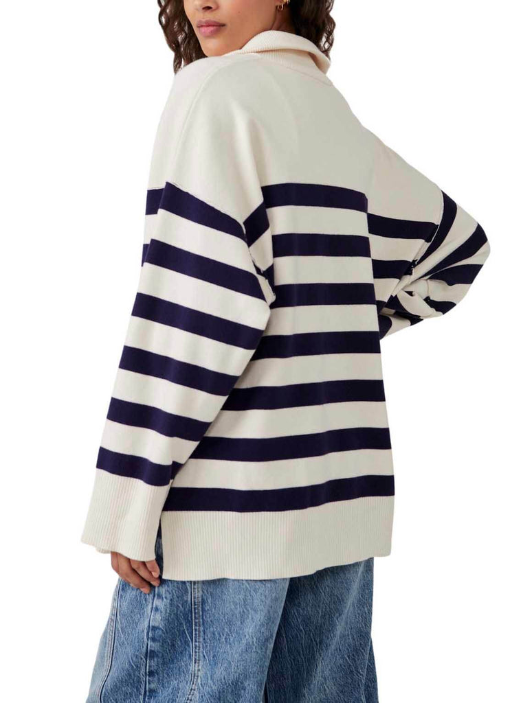Free People Coastal Stripe Pullover in Champagne Navy Combo