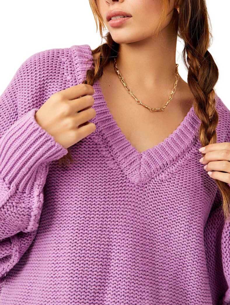 Free People Alli V-Neck Sweater in Iris Orchid