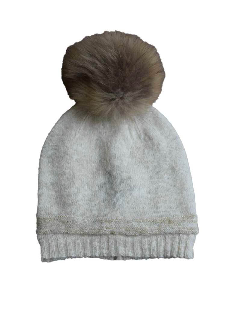 Raccoon Pom Hat with Gold Detail in Champagne