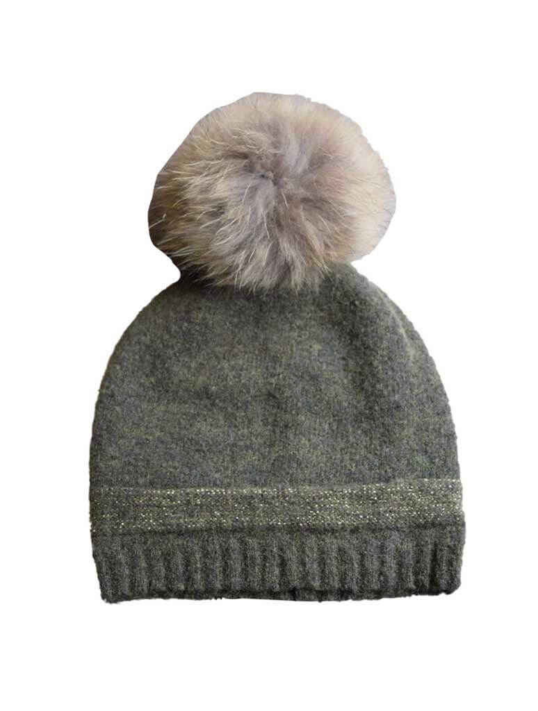Raccoon Pom Hat with Gold Detail in Olive
