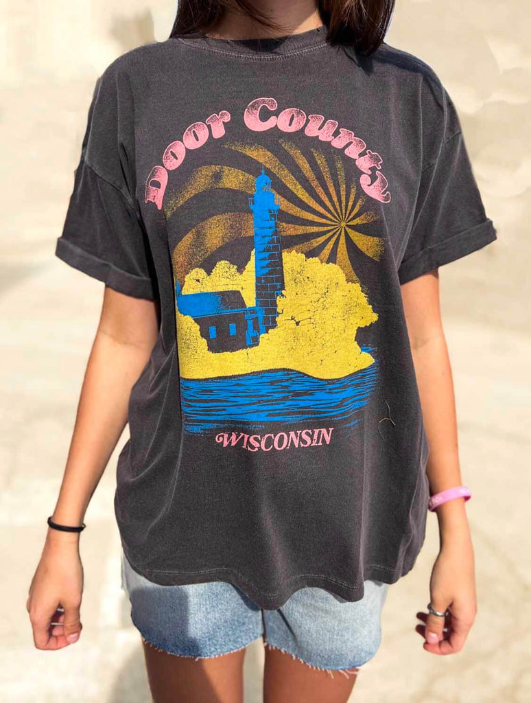 Door County Lighthouse Boyfriend Tee in Black