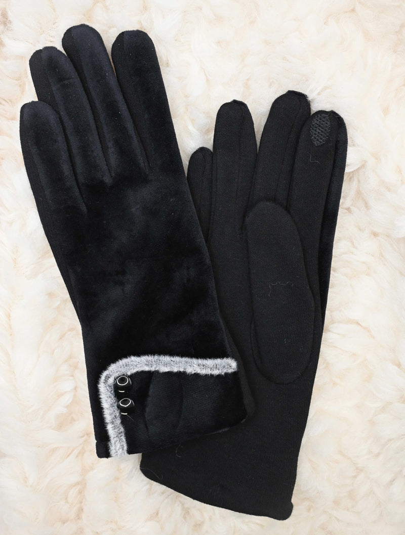 Fur Trim Fleece Gloves with Button Detail