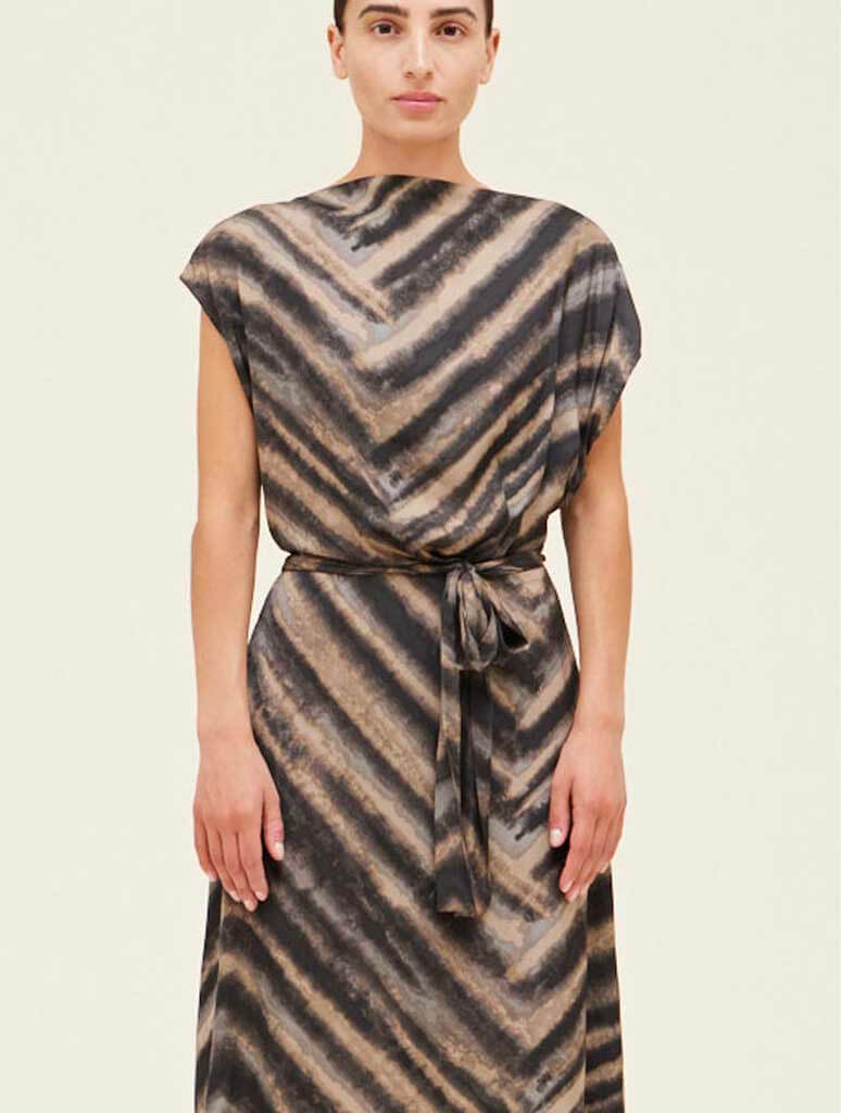 Drape Front Satin Print Midi Dress in Slate