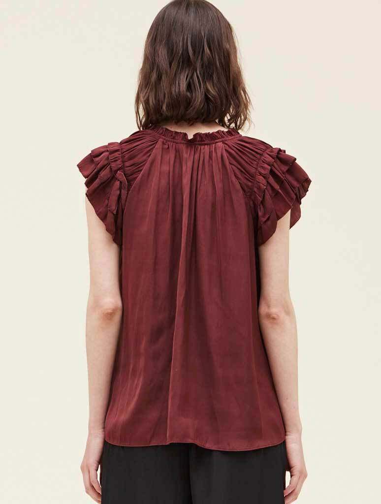 Satin Ruffle Sleeve Blouse in Vino