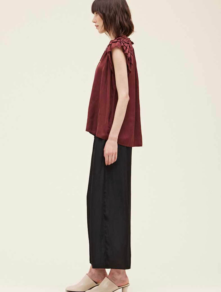 Satin Ruffle Sleeve Blouse in Vino