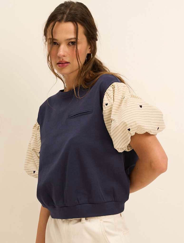 Heart Detail Puff Sleeve Knit Top